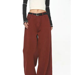 Pantalon décontracté à taille haute et jambe large pour femme, style streetwear, rouge