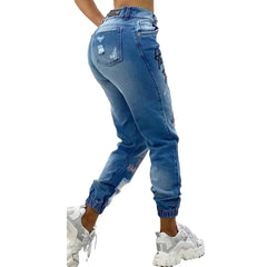 Stylish Plus Size Monogrammed Slashed Chino Jeans for Women