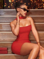 Women's Red Halter Wrap Dress with Hollow Out Detail for Parties