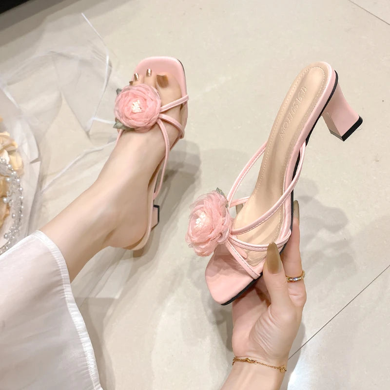 Women's Flower Open-Toed High Heels Slippers for Elegant Parties