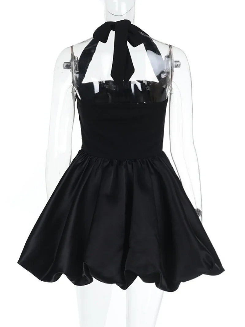 Halter Neck Black Backless Bubble Dress for Short Party Events
