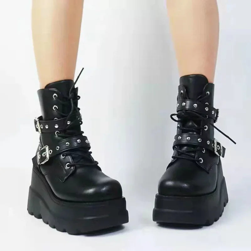 Women's Black Pu Leather Ankle Boots with Round Toe and Lace-Up