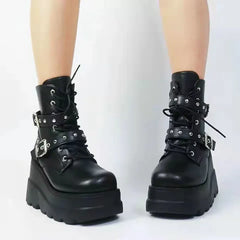 Women's Black Pu Leather Ankle Boots with Round Toe and Lace-Up