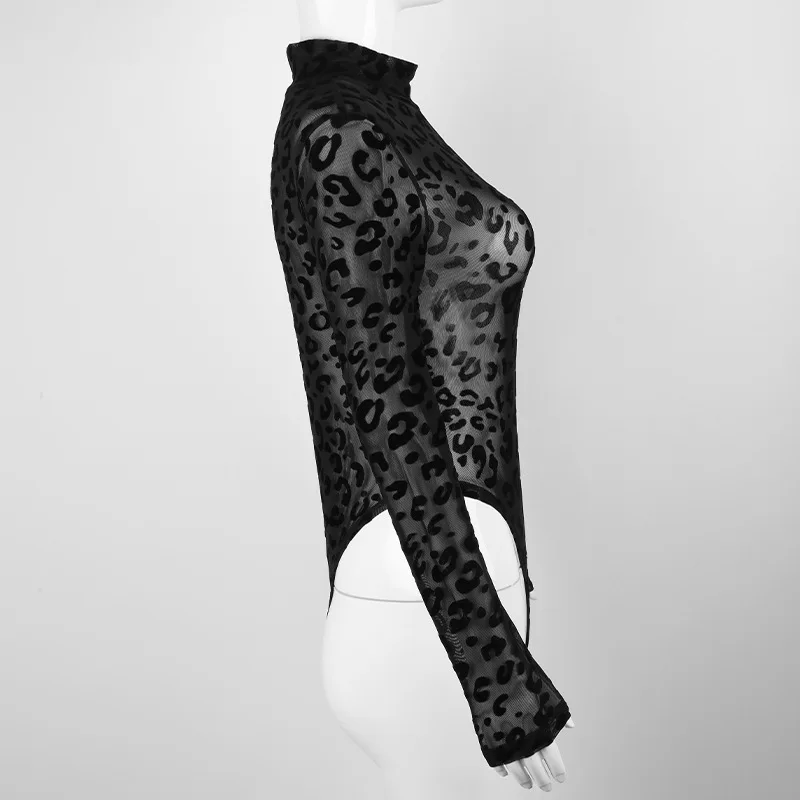 Women's Leopard Print Mesh Bodysuit – Long-Sleeve High-Stretch Top