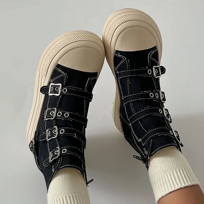 Women's High-Top Platform Canvas Boots – Buckle & Zipper Casual Sneakers