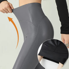 High Waist Black Fleece PU Leather Leggings for Women