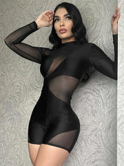 Sheer Mesh Patchwork Long Sleeve Jumpsuit for Women in Black