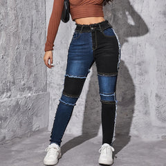 Women's Blue and Black Contrast Tight Jeans for Stylish Look