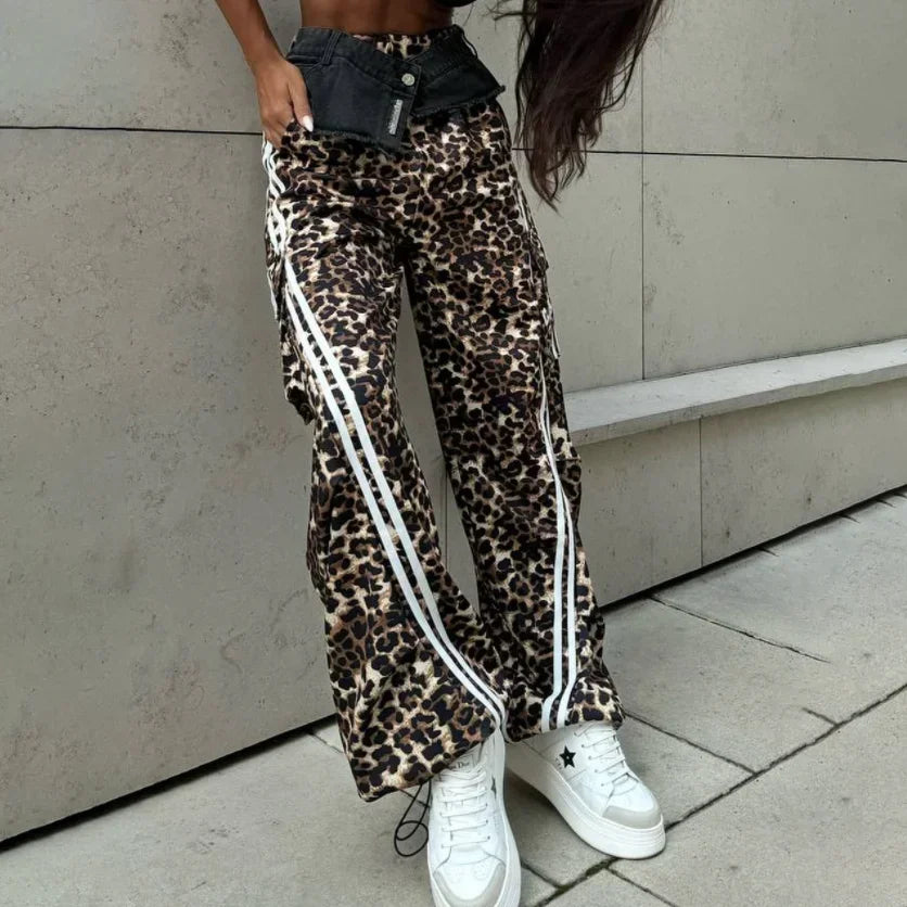 Women's Leopard Print Wide-Leg Track Pants with Side Stripes