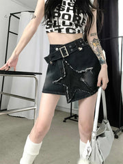 Women's Black Gothic A-line Denim Star Mini Skirt Harajuku Style