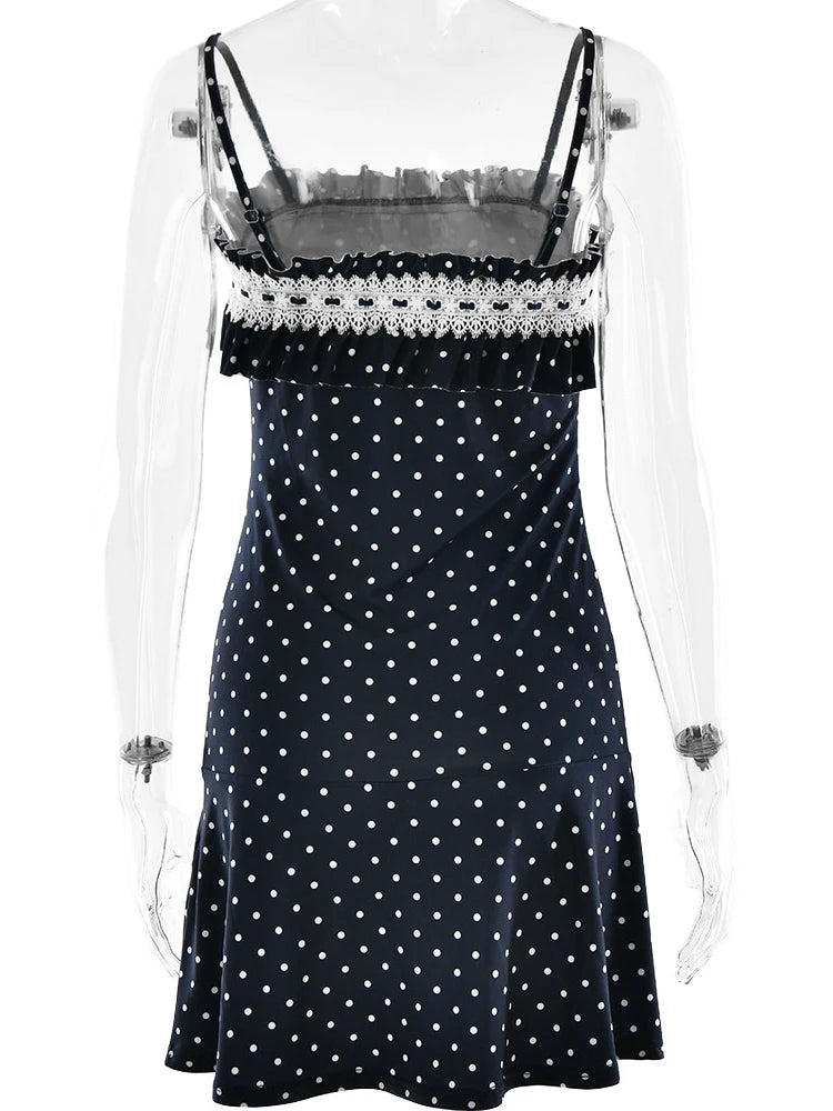 Navy Blue Lace Patchwork Polka Dot Print Slip Dress for Women