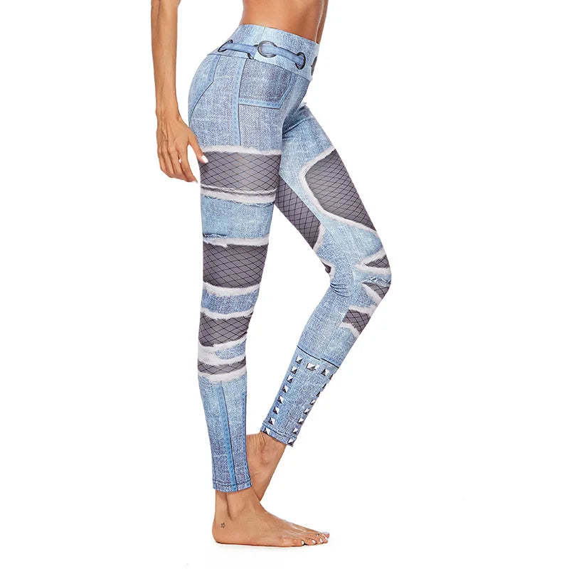 Pantalon de yoga push-up en denim imprimé pour femme - Legging de fitness taille haute 