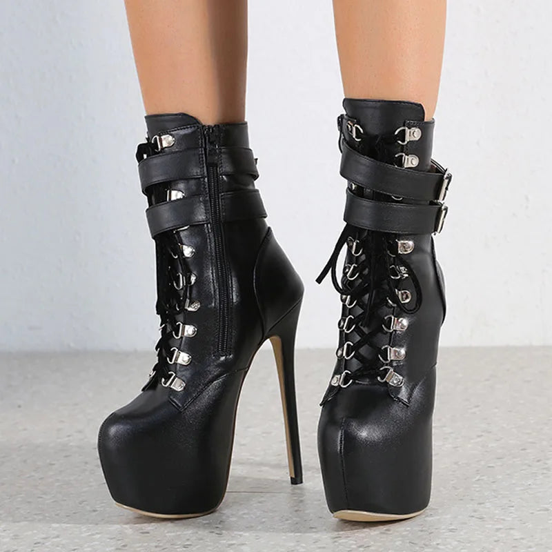 Women's Black Buckle Strap 16.5 CM High Heels Platform Boots