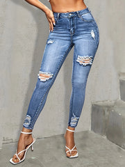 Jean skinny bleu déchiré pour femme, coupe slim, très extensible