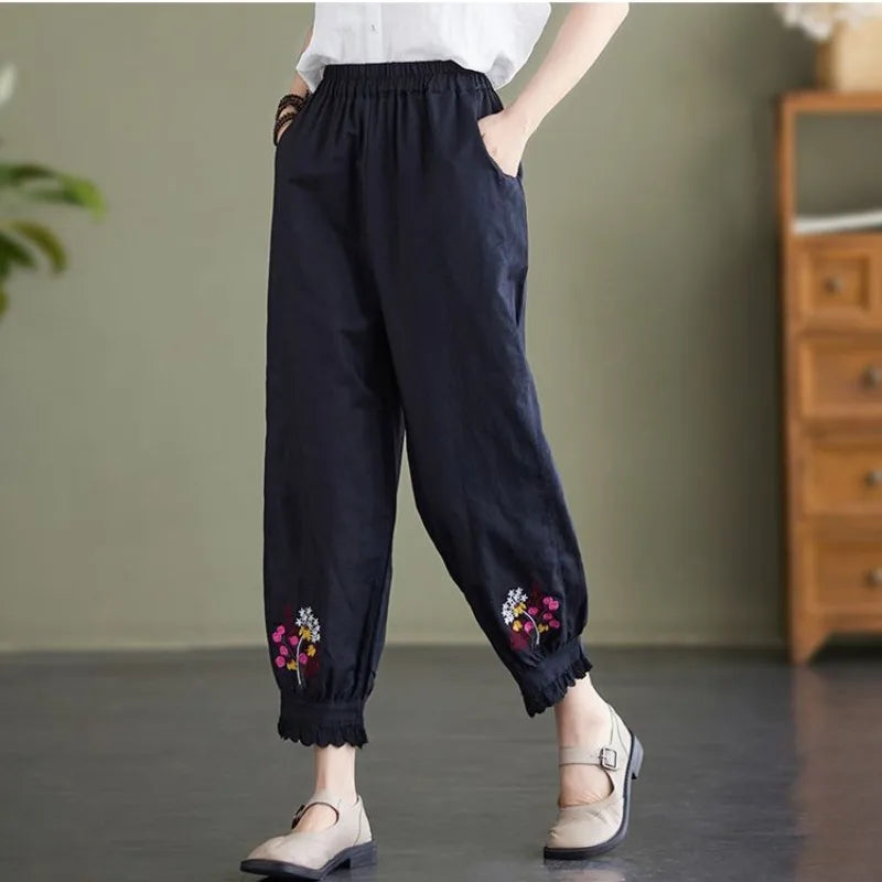 Spring and Summer Women's Spliced High Waist Cotton Hemp Halen Pants