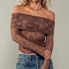 Women’s Off Shoulder Lace Floral Long Sleeve Crop Top Casual Streetwear