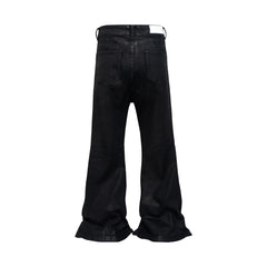 Unisex Black Waxed Flared Baggy Jeans – Oversized Bootcut Denim Trousers