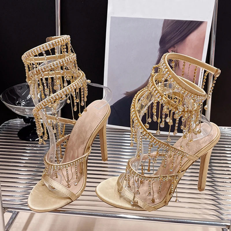 Elegant Women’s Golden Crystal Tassel Open Toe Stiletto Sandals