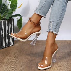 Women's Transparent Jelly Slippers Open Square Toe High Heels