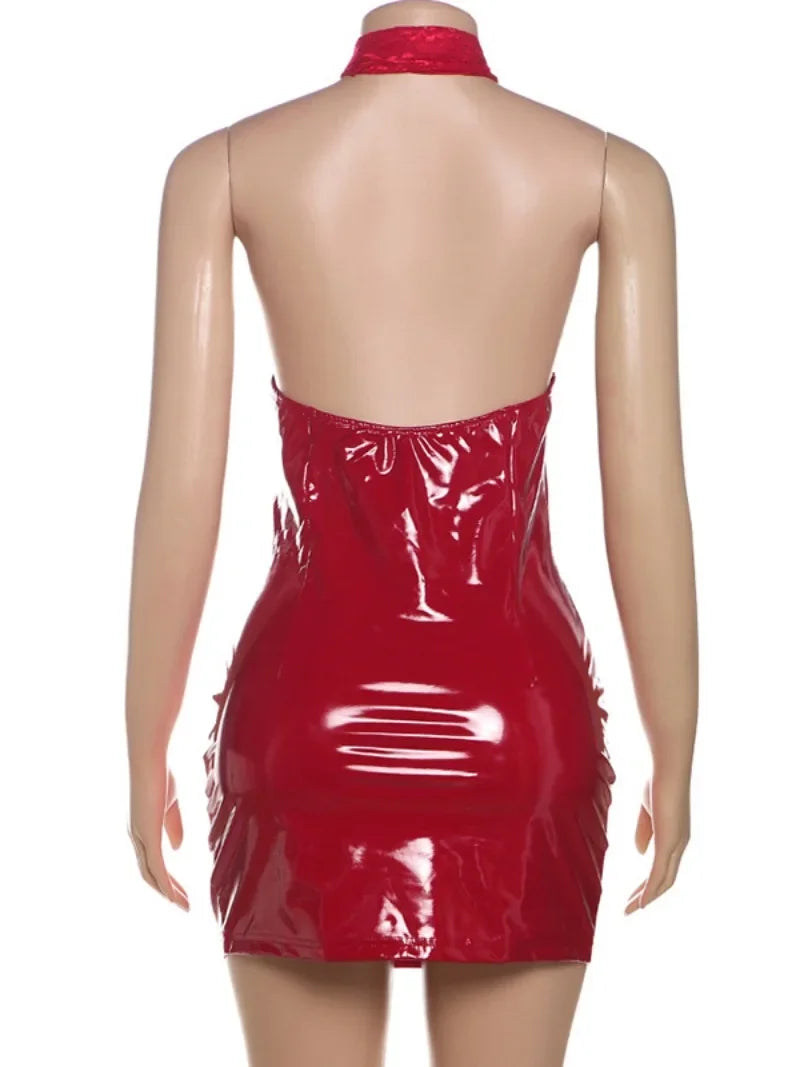 Red Lace Halter Neck Backless PU Leather Mini Dress for Parties