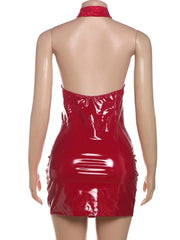 Red Lace Halter Neck Backless PU Leather Mini Dress for Parties