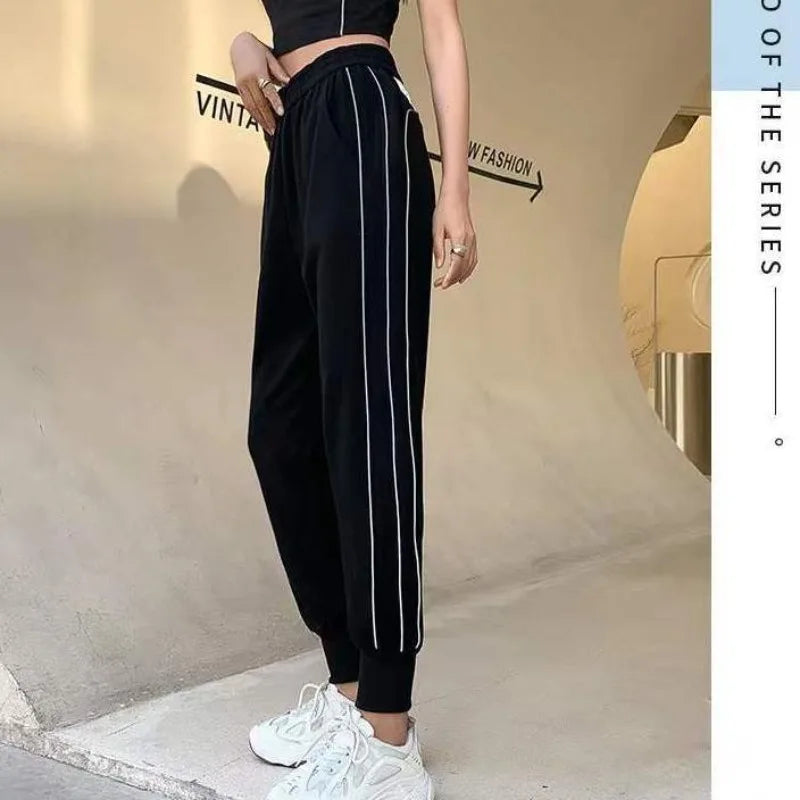 Summer Women’s Spliced High Waist Casual Pants with Reflective Stripes