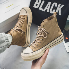 Unisex High-Top Platform Sneakers – Beige Canvas Thick-Sole Lace-Up Shoes