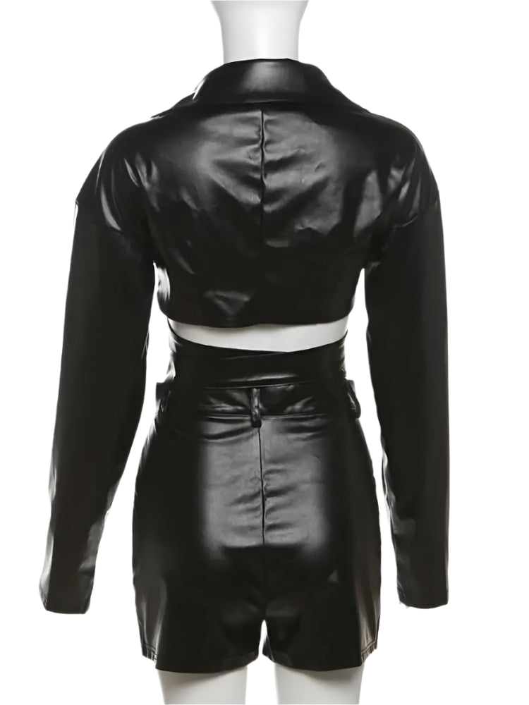 Women's Black PU Leather V-Neck Long Sleeve Crop Top and Shorts Set