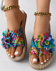 Women's Holographic Floral Braided Flat Beach Flip Flops