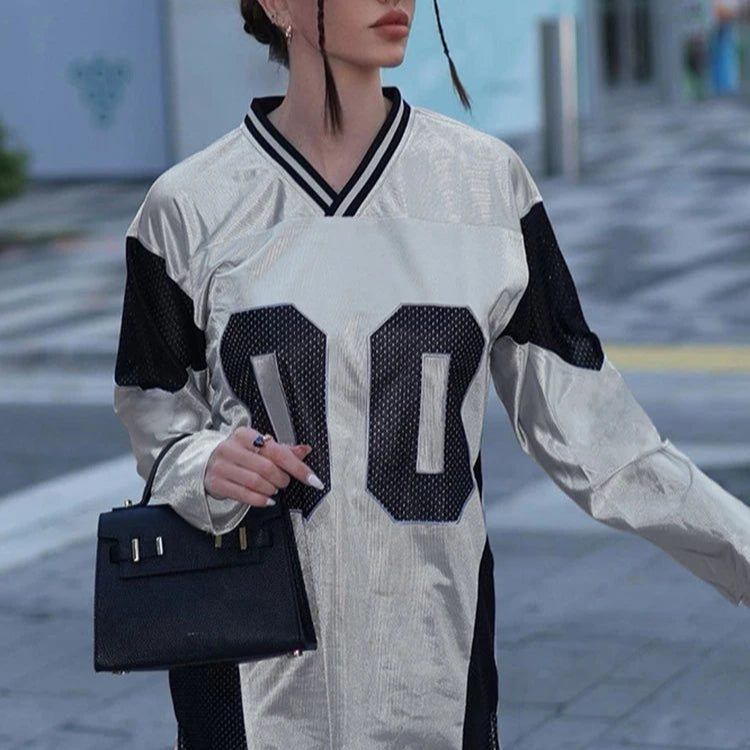 Patchwork Casual Women’s V-Neck Full Sleeve Oversized T-Shirt