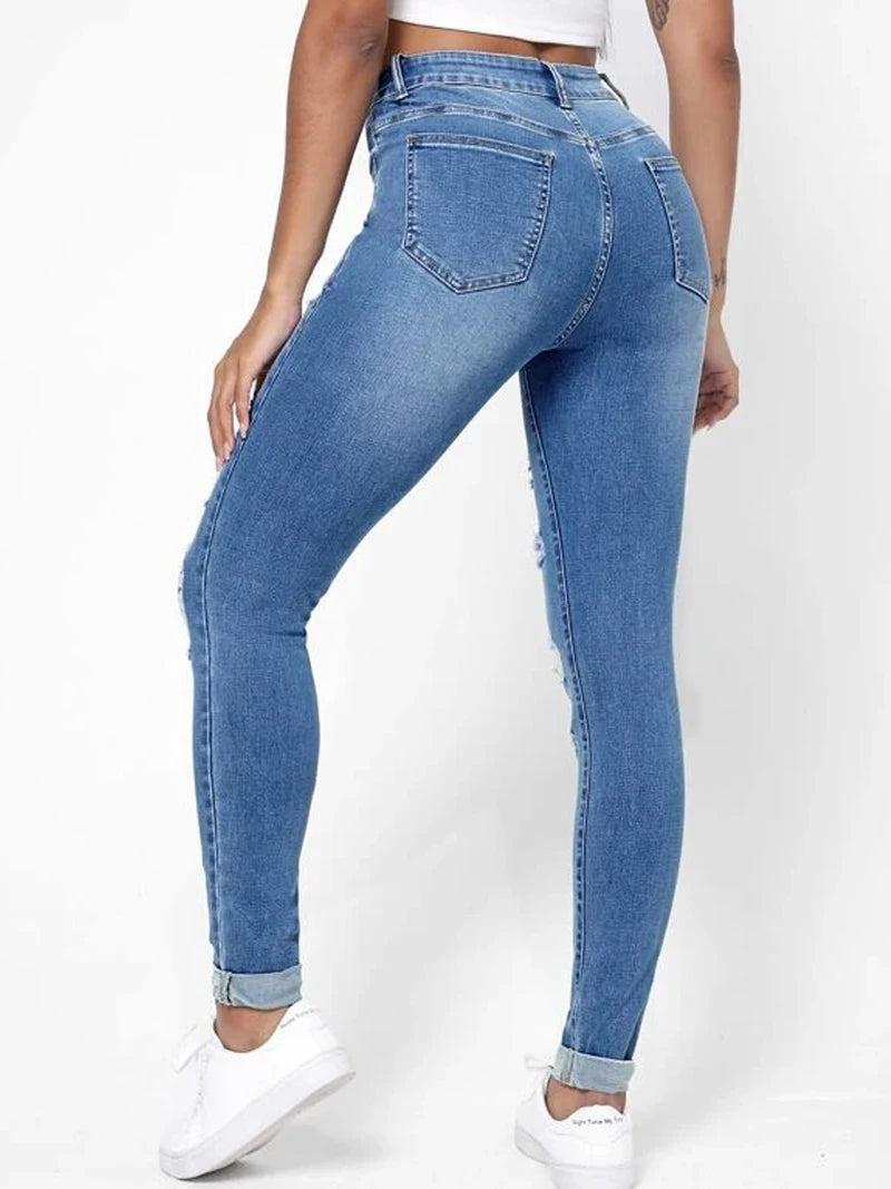 Ripped Holes Casual Skinny Jeans with Slash Pockets and Distressed Style