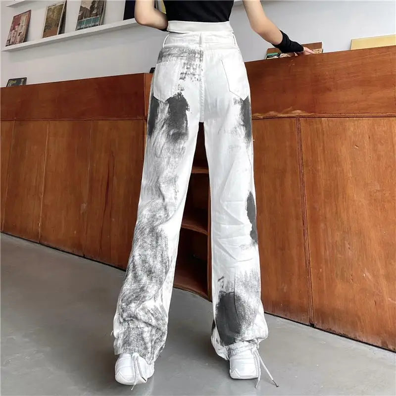 Simplicity Vintage Tie Dye Wide Leg Jeans with Multiple Pockets