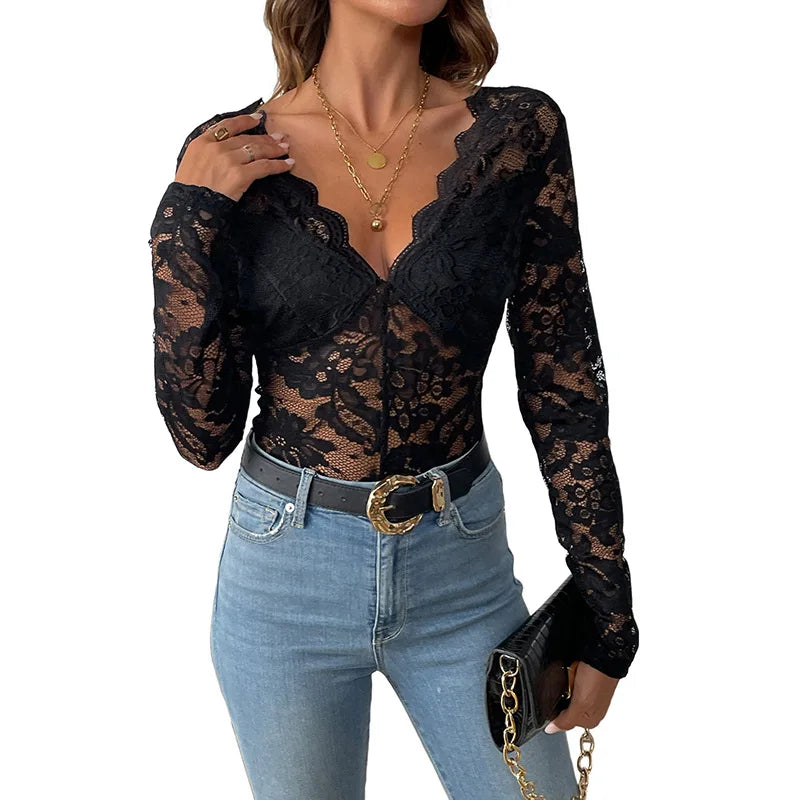 Women's Long-Sleeve Lace Bodysuit – Sheer V-Neck