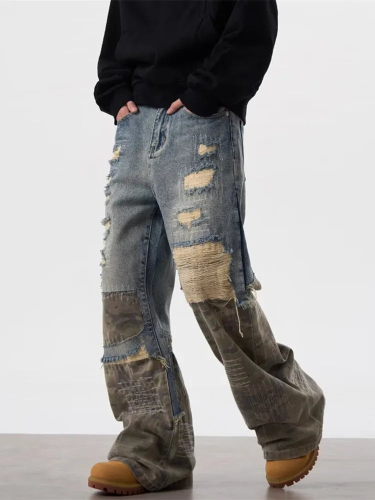 Men's Ripped Stacked Baggy Jeans – Camouflage Patchwork Wide-Leg Pants