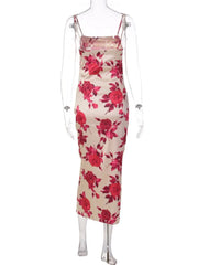 Robe mi-longue dos nu à bretelles fines et fleurs pour femme, idéale pour les fêtes
