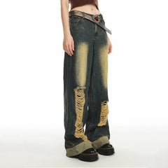 Women's Distressed Ripped Baggy Jeans – Stone-Washed Wide-Leg Denim