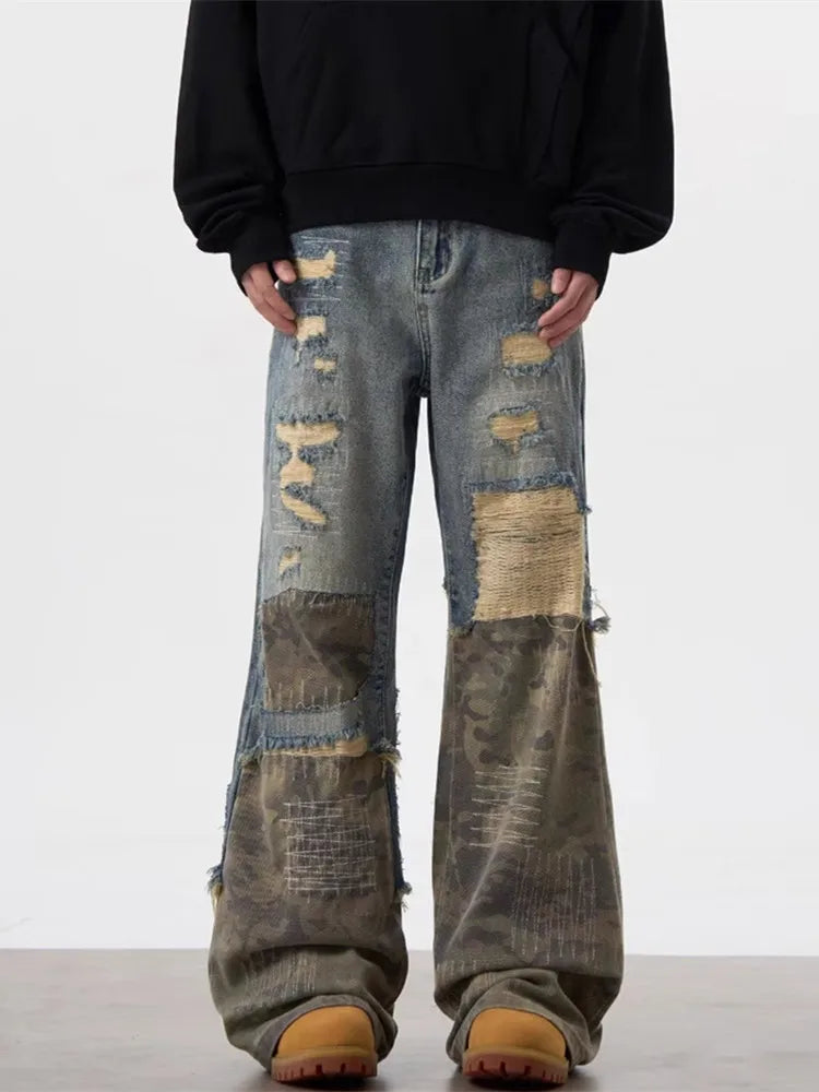 Men's Ripped Stacked Baggy Jeans – Camouflage Patchwork Wide-Leg Pants