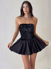 Black White Sequins Patchwork Ruched Mini Dress for Night Out