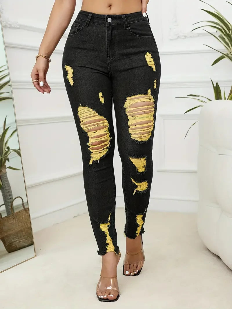 Women's Ripped High Stretch Skinny Denim Jeans in Black