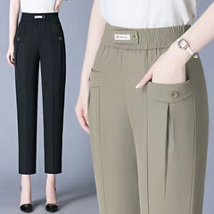 Pantalon Harlen élastique taille haute coréen pour femme avec poches