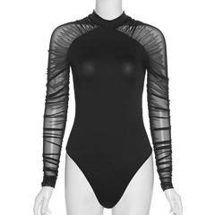 Women's Sheer Mesh Sleeve Bodysuit – Elegant Patchwork Design