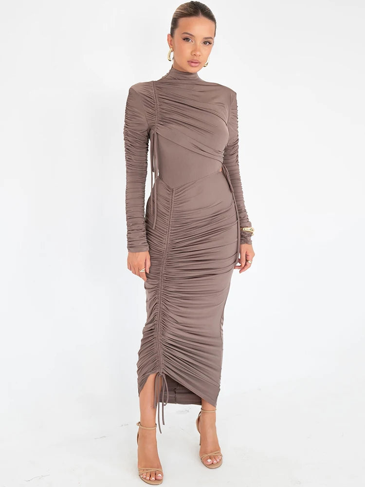 Long Sleeve Ruched Maxi Dress Perfect for Autumn and Winter