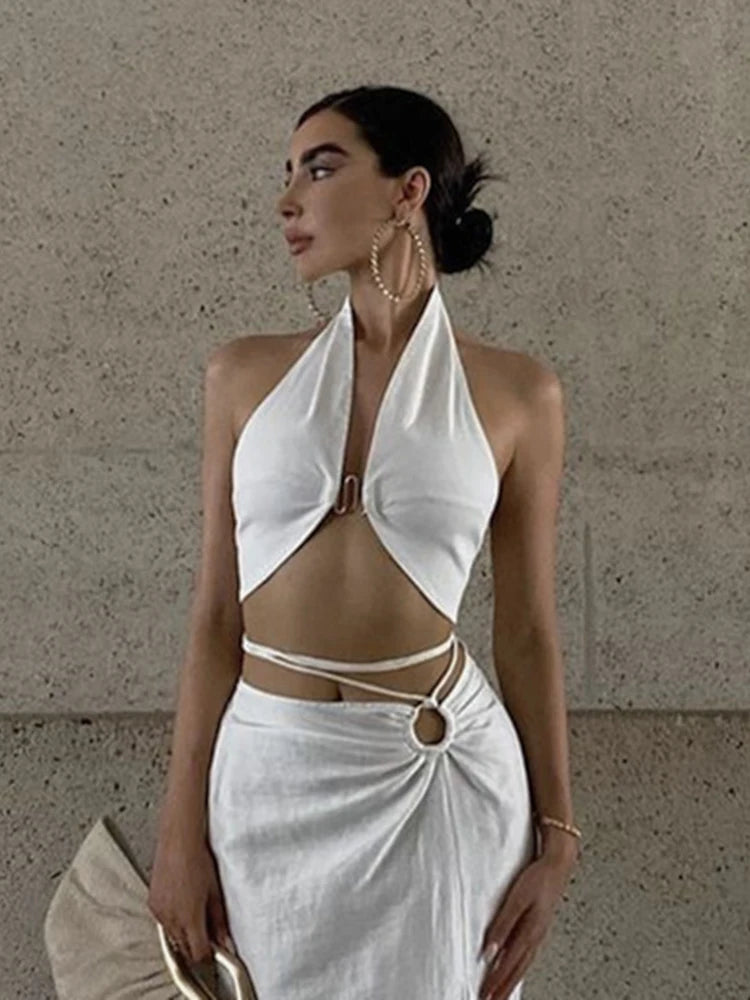 Elegant Halter Wrap Crop Top – Backless Sleeveless Party Wear