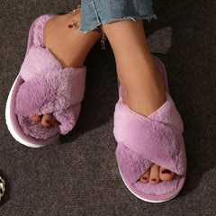 Women's Soft Plush Cross Strap Fur Slippers for Indoor Comfort