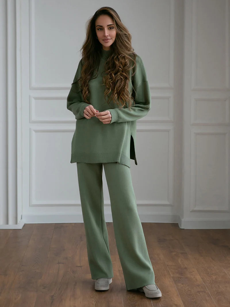 Ensemble pull à col roulé et pantalon tricoté pour femme 