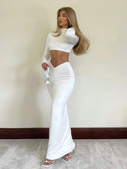 Elegant White Long Sleeve 2 Piece Skirt Set for Women