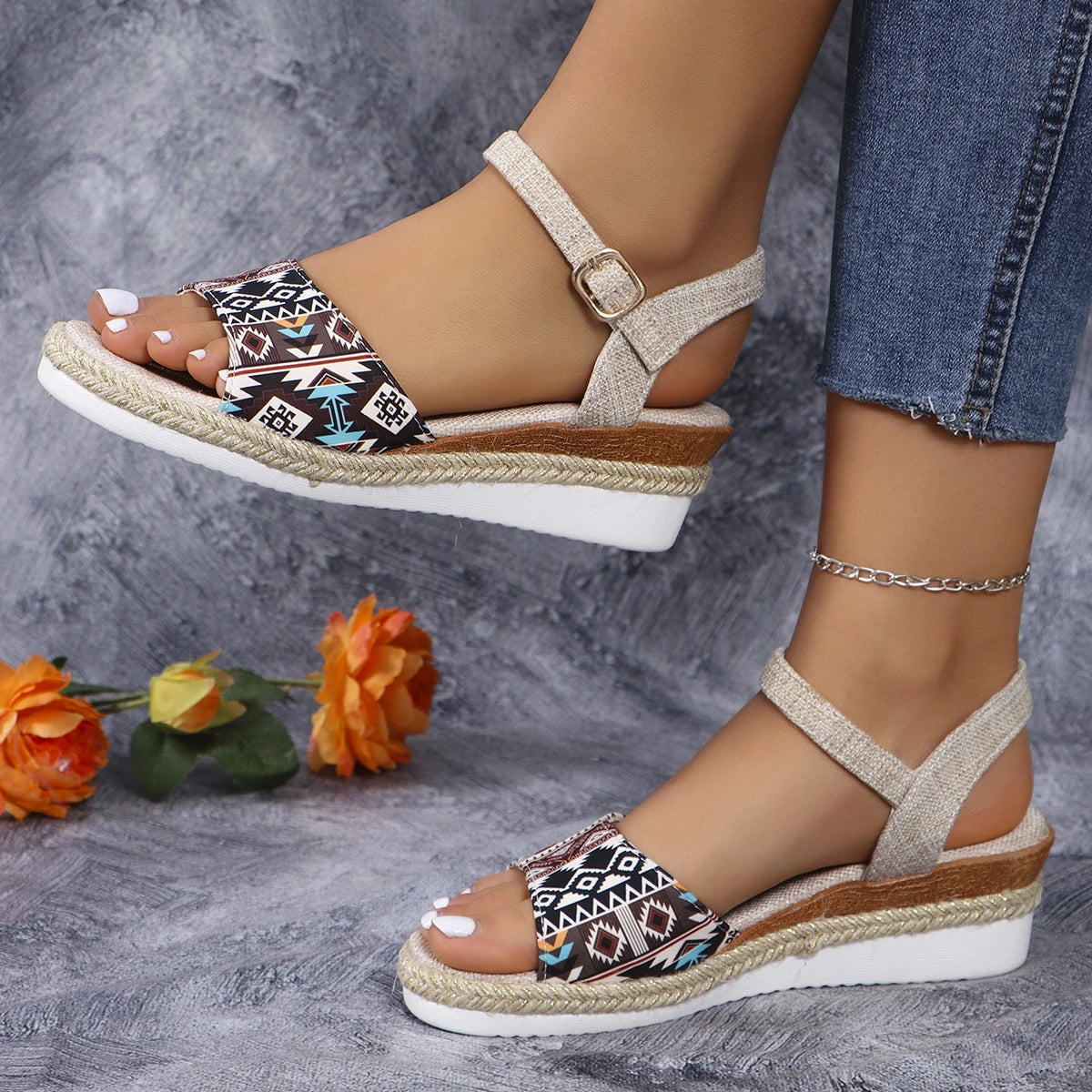 Women's White Peep Toe Wedge Gladiator Platform Sandals