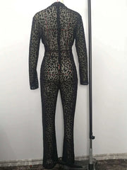 Leopard Print See-Through Gauze Jumpsuit with Wide Leg Pants