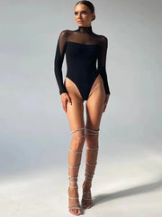 Women’s Transparent Long Sleeve Turtleneck Mesh Bodysuit for Festivals