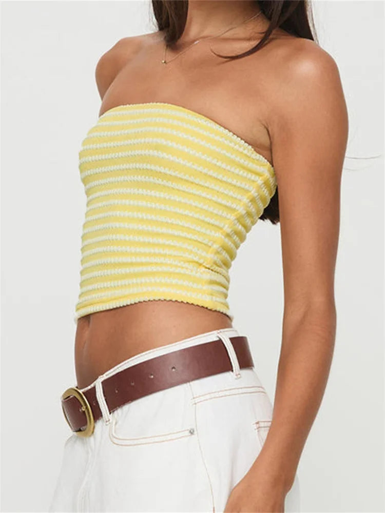 Women’s Knitted Striped Cropped Tube Top Sleeveless Bandeau Vest